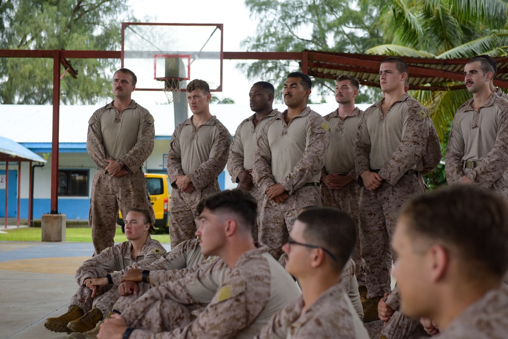 Rear Adm. Gregory Huffman visits the Marines from 7th Engineering Support Battalion (ESB) stationed on Peleliu