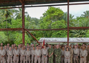Rear Adm. Gregory Huffman visits the Marines from 7th Engineering Support Battallion (ESB) stationed on Peleliu
