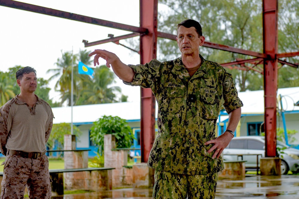 Rear Adm. Gregory Huffman visits the Marines from 7th Engineering Support Battalion (ESB) stationed on Peleliu