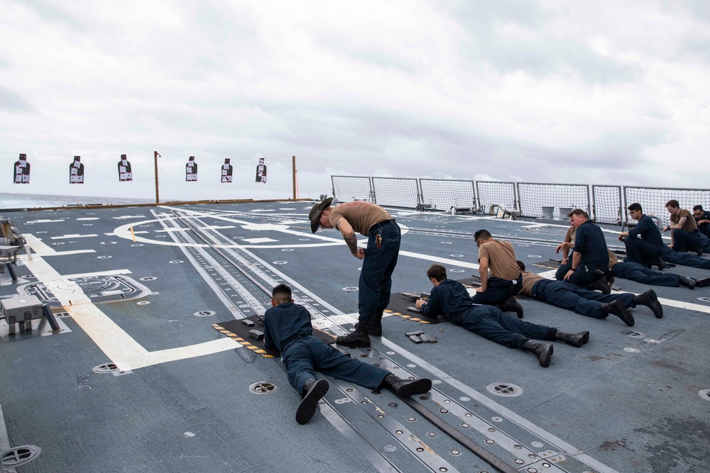 USS Ralph Johnson conducts gun qualification shoot.