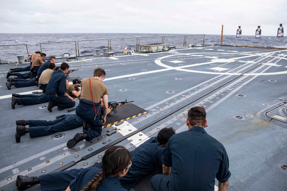 USS Ralph Johnson conducts gun qualification shoot.