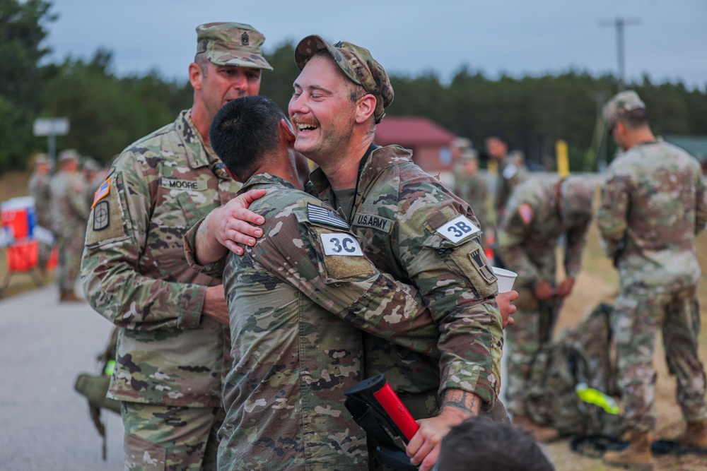 Sgt. Connor Housman and Spc. Hayse J. Jorgensen celebrate completing 12 mile ruck march.