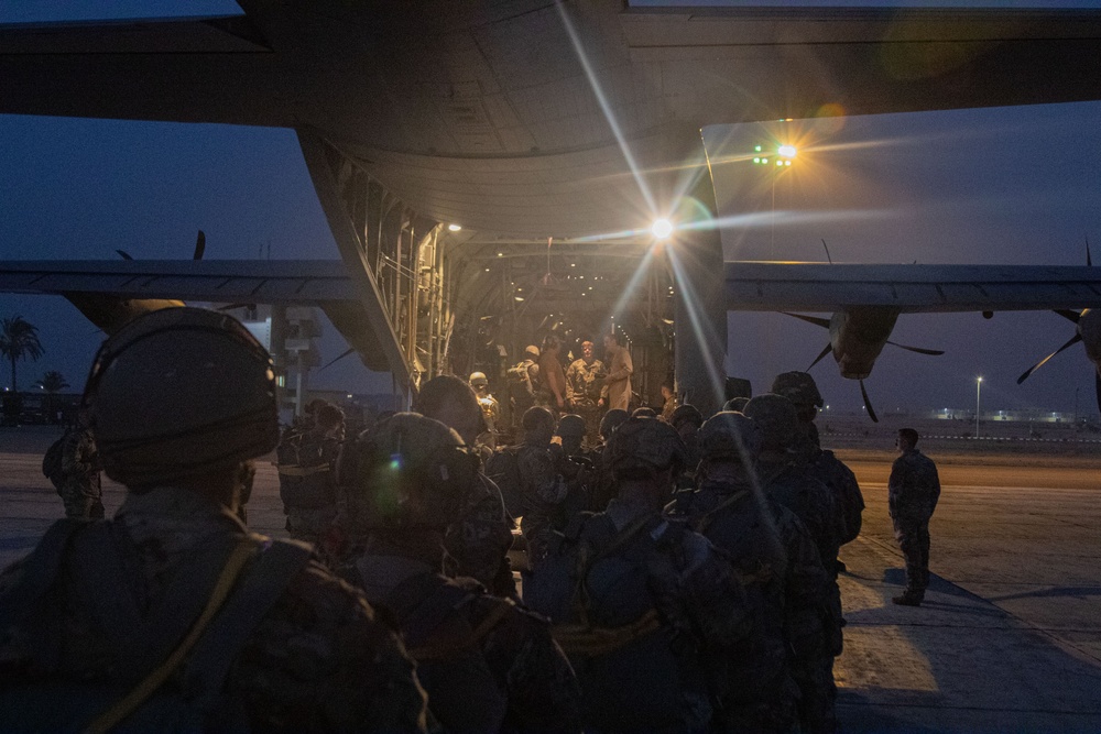 U.S. Army Airborne Soldiers Prepare for a Jump during Bright Star 2023.