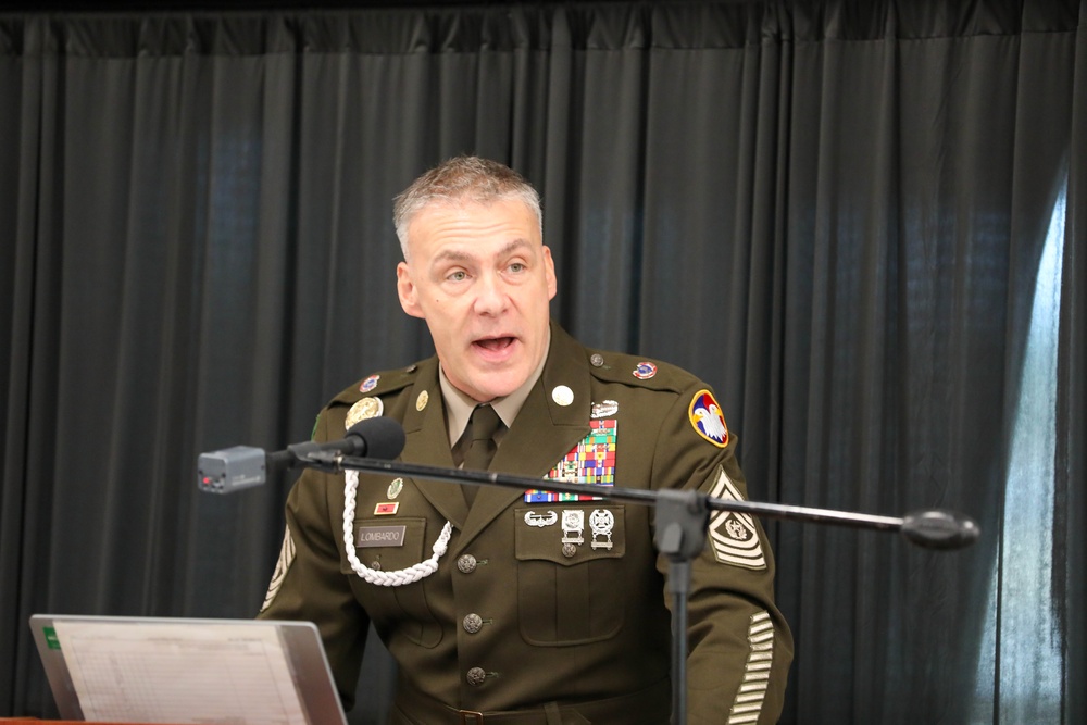 Command Sgt. Maj. Andrew Lombardo speaks at the U.S. Army Reserve Best Squad Competition Award Ceremony