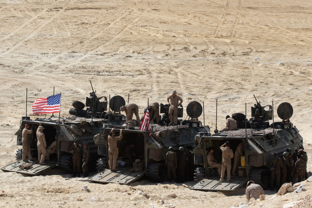 U.S. Marines prepare their assault amphibious vehicles for a maneuver rehearsal in support of exercise Bright Star 23