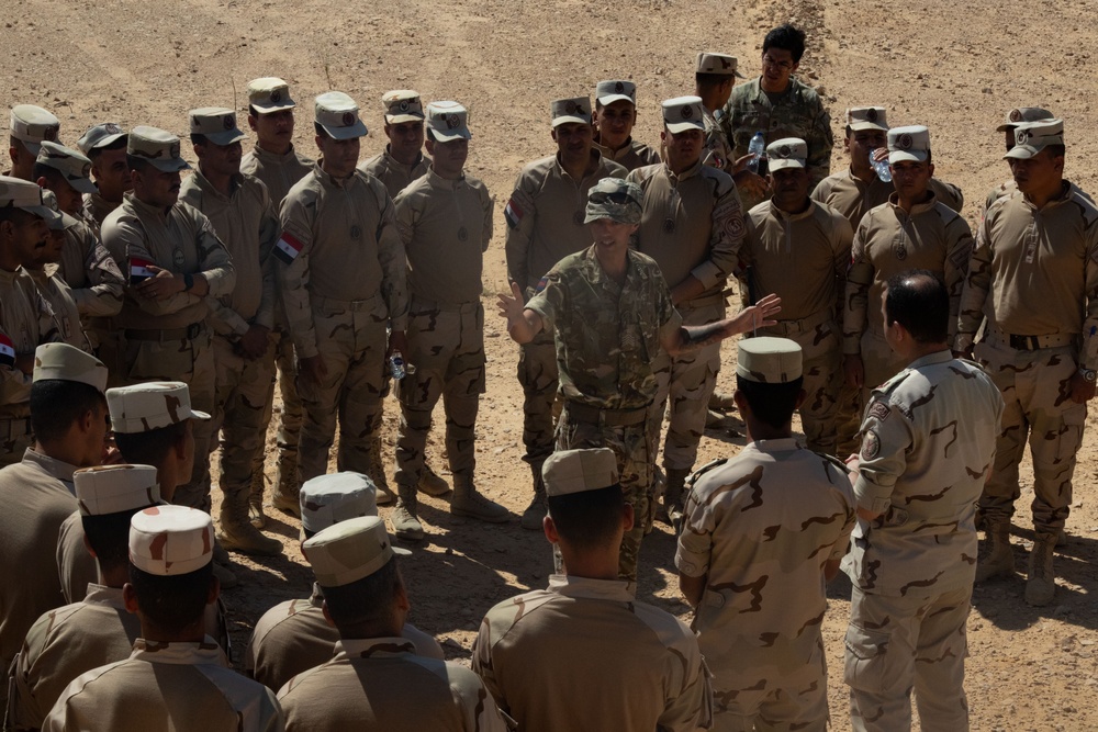 A British soldier teaches a class to Egyptian soldiers about border security operations during exercise Bright Star 2023, Sept. 7, 2023