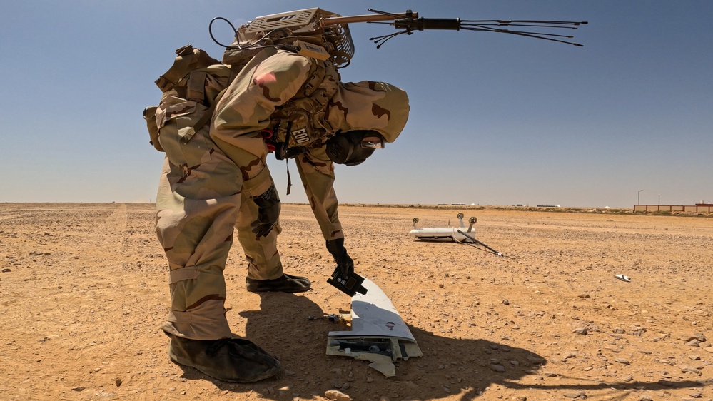 U.S. Army Soldiers and partners train to react to contaminated unmanned aerial systems (UAS) at Bright Star 23