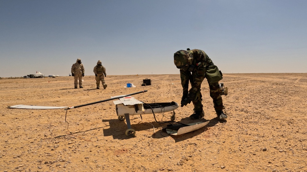 U.S. Army Soldiers and partners train to react to contaminated unmanned aerial systems (UAS) at Bright Star 23