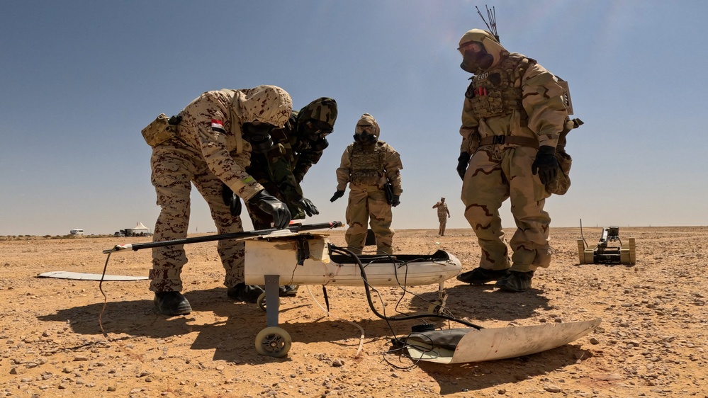 U.S. Army Soldiers and partners train to react to contaminated unmanned aerial systems (UAS) at Bright Star 23