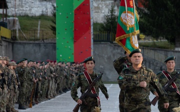 Soldiers from 10th Mountain Division and Bulgarian Land Forces 101st Alpine Regiment participate in the Rhodope 23 opening ceremony on Sep. 11, 2023, near Smolyan, Bulgaria