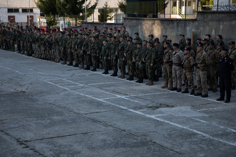 Soldiers from 10th Mountain Division and Bulgarian Land Forces 101st Alpine Regiment participate in the Rhodope 23 opening ceremony on Sep. 11, 2023, near Smolyan, Bulgaria