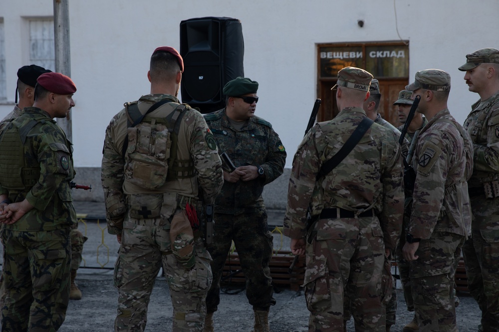 Soldiers from 10th Mountain Division and Bulgarian Land Forces 101st Alpine Regiment participate in the Rhodope 23 opening ceremony on Sep. 11, 2023, near Smolyan, Bulgaria