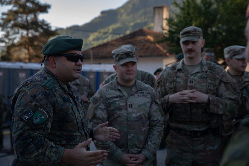 Soldiers from 10th Mountain Division and Bulgarian Land Forces 101st Alpine Regiment participate in the Rhodope 23 opening ceremony on Sep. 11, 2023, near Smolyan, Bulgaria