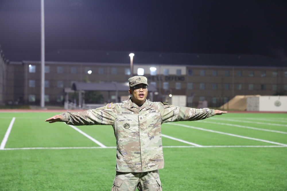 Drill Sergeant Joseph Rodriguez, Fires Center of Excellence Drill Sergeant of the Year, Pitches Physical Readiness Training Modules during Round Robin #1 of the 2023 Drill Sergeant of the Year Competition