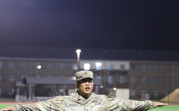 Drill Sergeant Joseph Rodriguez, Fires Center of Excellence Drill Sergeant of the Year, Pitches Physical Readiness Training Modules during Round Robin #1 of the 2023 Drill Sergeant of the Year Competition