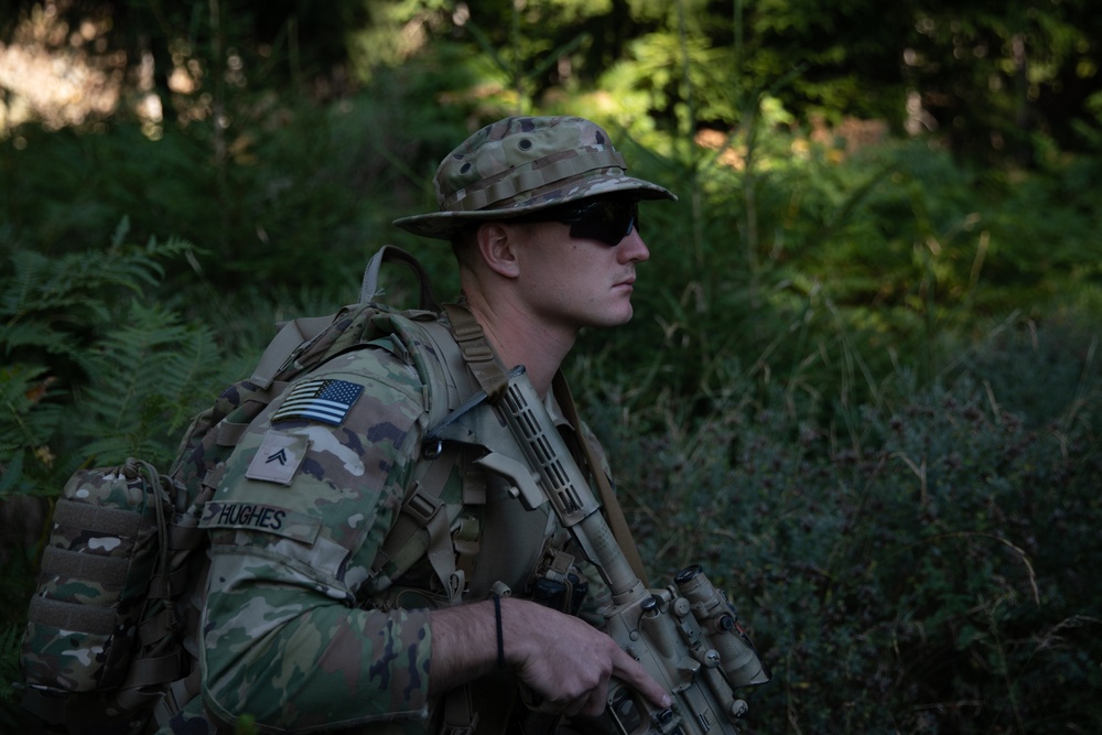 Soldiers from 10th Mountain Division and Bulgarian Land Forces 101st Alpine Regiment participate in the Rhodope 23 attack lane on Sep. 12, 2023, near Smolyan, Bulgaria