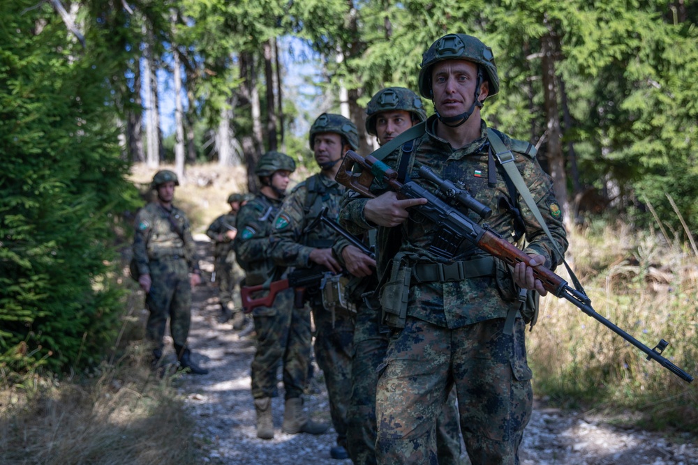 Soldiers from 10th Mountain Division and Bulgarian Land Forces 101st Alpine Regiment participate in the Rhodope 23 attack lane on Sep. 12, 2023, near Smolyan, Bulgaria