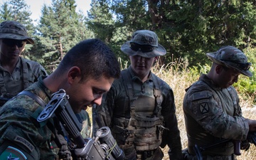 Soldiers from 10th Mountain Division and Bulgarian Land Forces 101st Alpine Regiment participate in the Rhodope 23 attack lane on Sep. 12, 2023, near Smolyan, Bulgaria