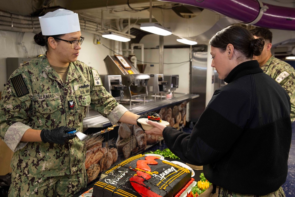 USS Abraham Lincoln serves lunch for the opening of the galley