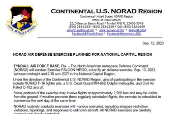 NORAD Air Defense Exercise Planned for National Capital Region