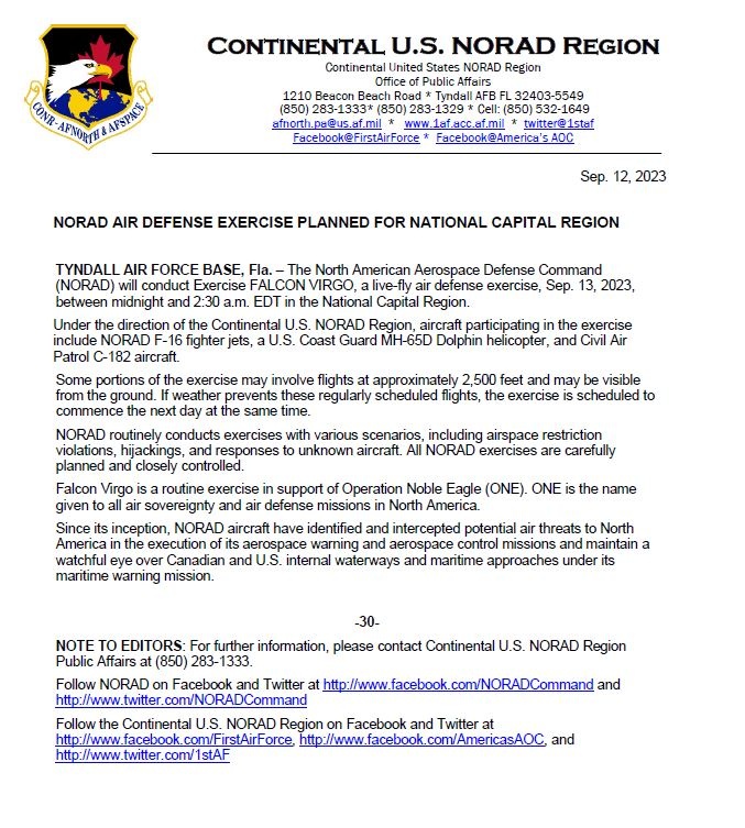 NORAD conducts Exercise FALCON VIRGO 23-12