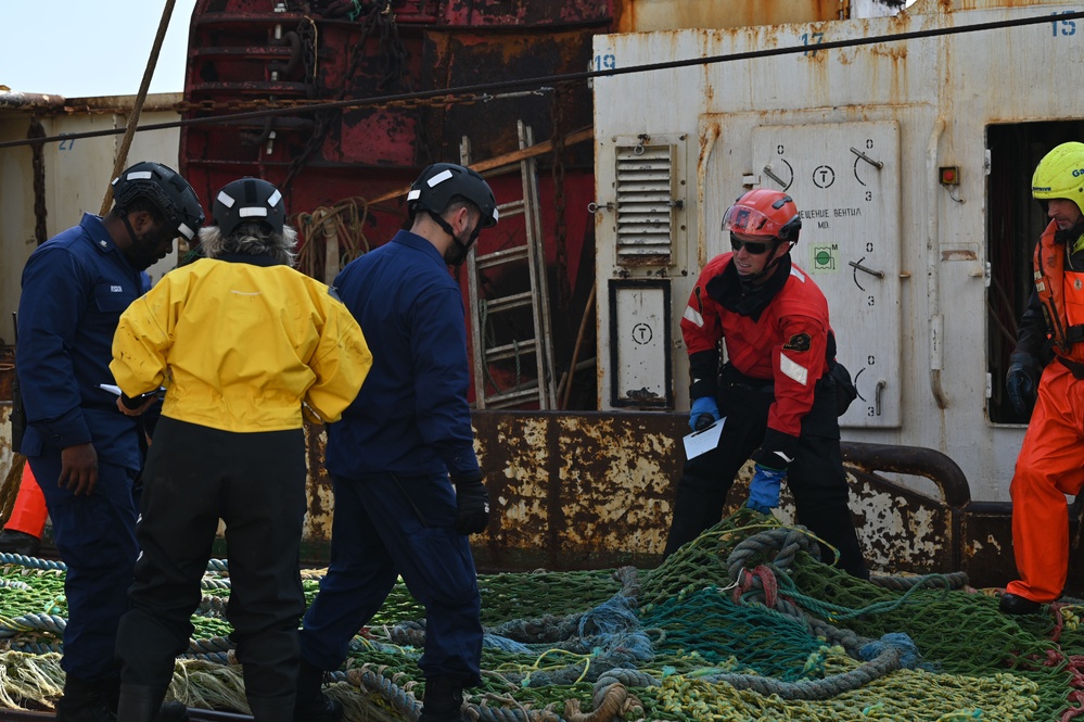 US Coast Guard Cutter Forward crew members participate in Northwest Atlantic Fisheries Organization inspections at sea in the Atlantic Ocean