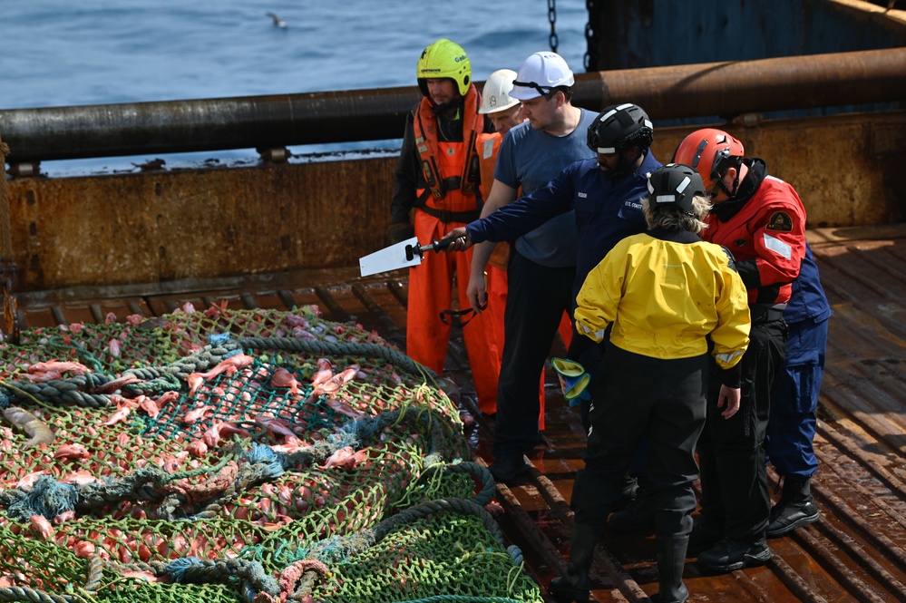 US Coast Guard Cutter Forward crew members participate in Northwest Atlantic Fisheries Organization inspections at sea in the Atlantic Ocean