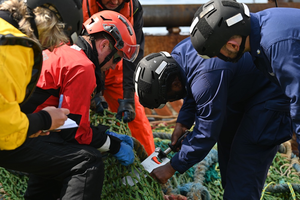 US Coast Guard Cutter Forward crew members participate in Northwest Atlantic Fisheries Organization inspection at sea in the Atlantic Ocean