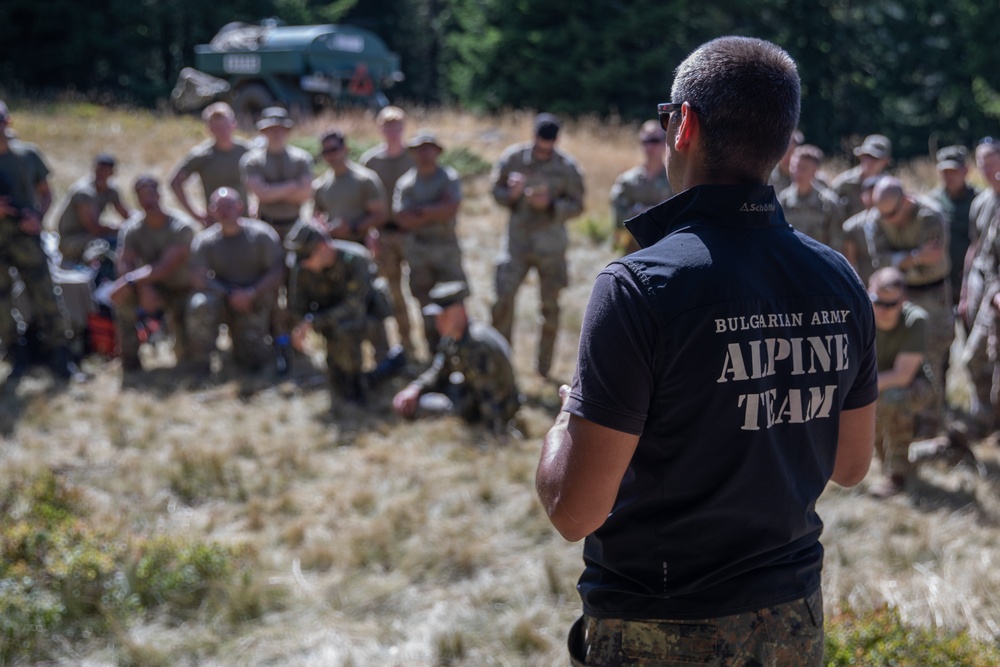 Soldiers from 10th Mountain Division and Bulgarian Land Forces 101st Alpine Regiment participate in the Rhodope 23 tactical movement and mountain survival techniques event on Sep. 13, 2023, near Smolyan, Bulgaria