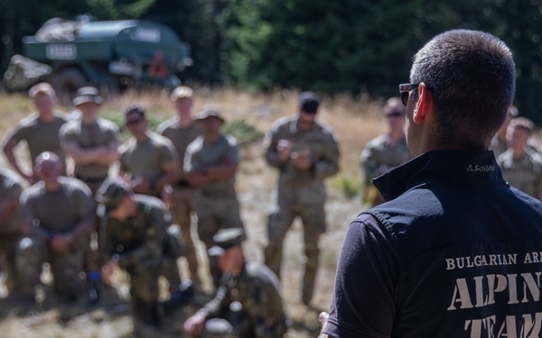 Soldiers from 10th Mountain Division and Bulgarian Land Forces 101st Alpine Regiment participate in the Rhodope 23 tactical movement and mountain survival techniques event on Sep. 13, 2023, near Smolyan, Bulgaria