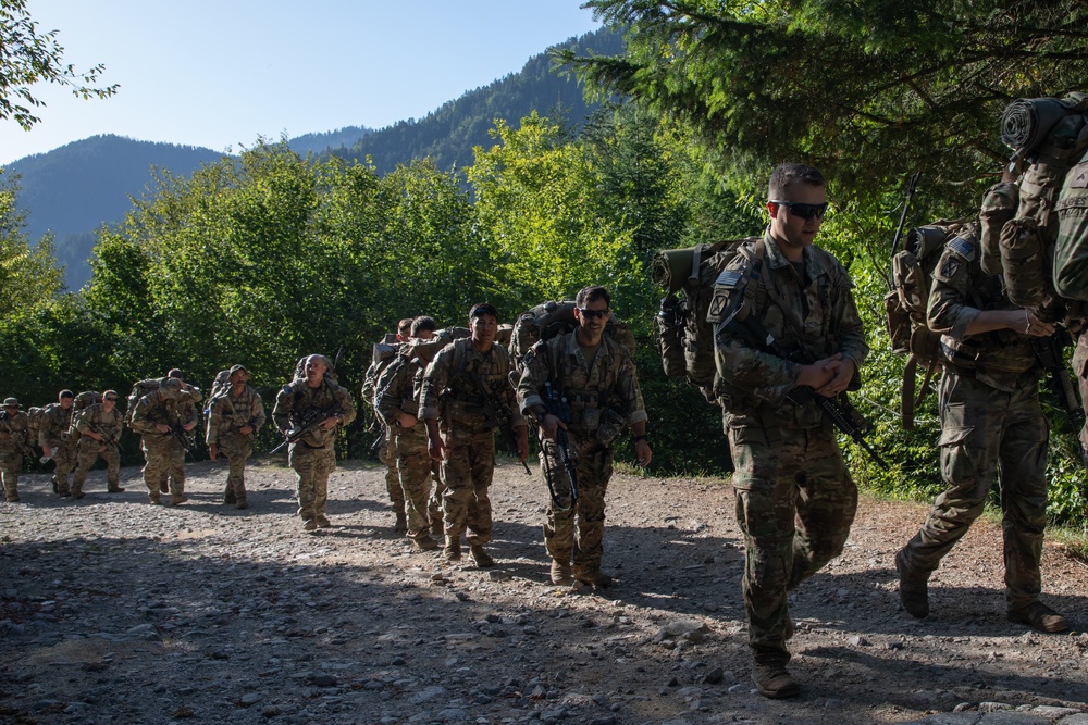 Soldiers from 10th Mountain Division and Bulgarian Land Forces 101st Alpine Regiment participate in the Rhodope 23 tactical movement and mountain survival techniques event on Sep. 13, 2023, near Smolyan, Bulgaria