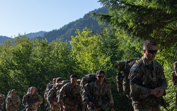 Soldiers from 10th Mountain Division and Bulgarian Land Forces 101st Alpine Regiment participate in the Rhodope 23 tactical movement and mountain survival techniques event on Sep. 13, 2023, near Smolyan, Bulgaria