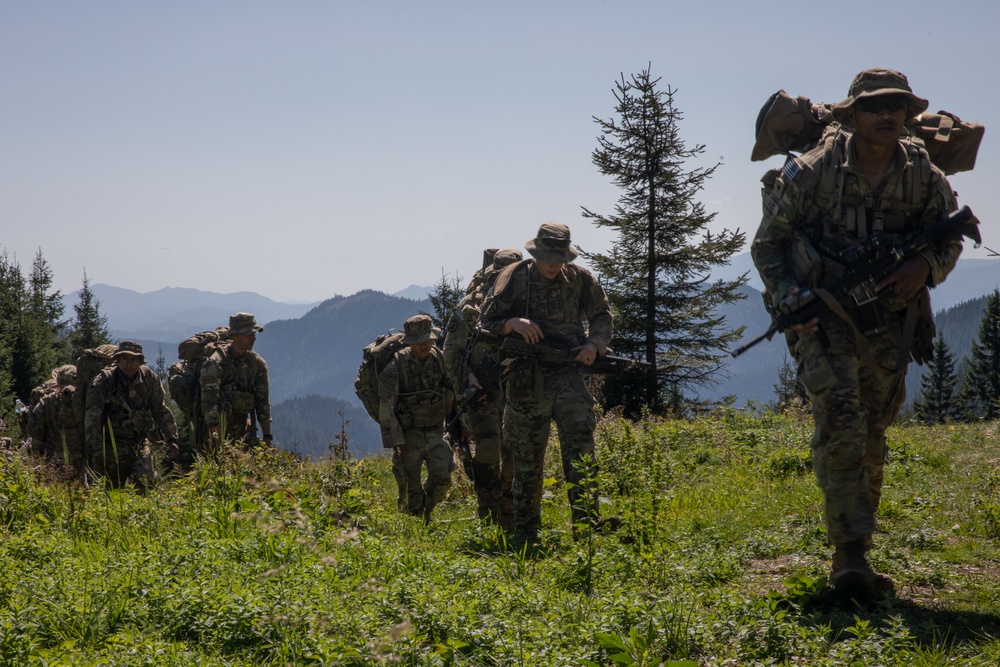 Soldiers from 10th Mountain Division and Bulgarian Land Forces 101st Alpine Regiment participate in the Rhodope 23 tactical movement and mountain survival techniques event on Sep. 13, 2023, near Smolyan, Bulgaria
