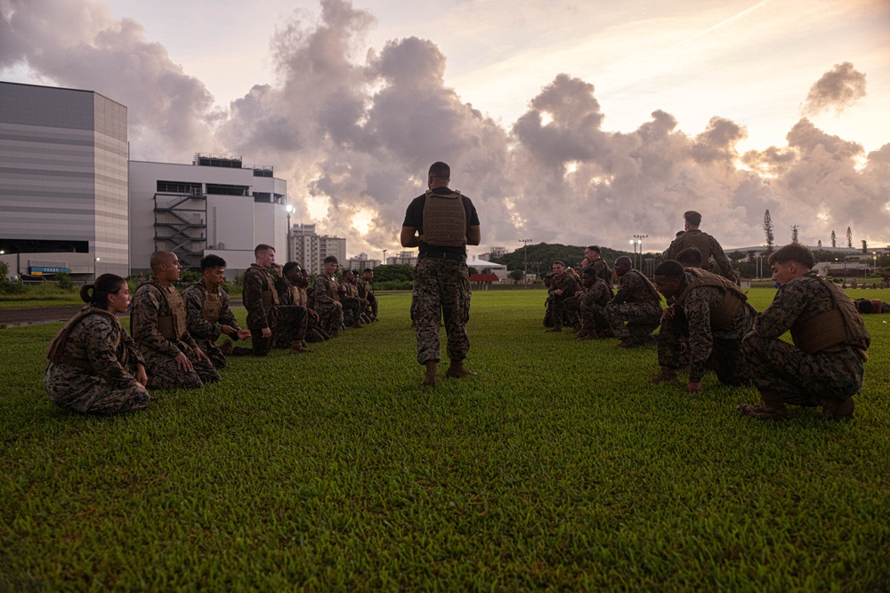 U.S. Marines conduct morning physical training for a Martial Arts Instructor course