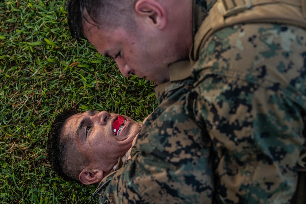 U.S. Marines conduct morning physical training for a Martial Arts Instructor course