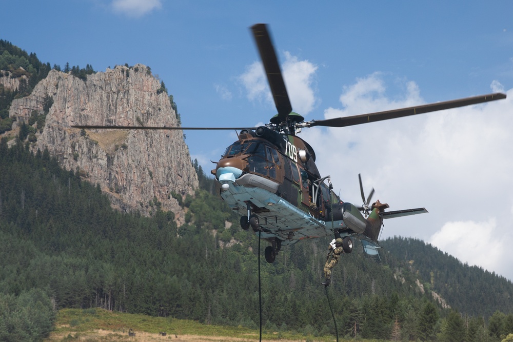 Soldiers from 10th Mountain Division and Bulgarian Land Forces 101st Alpine Regiment participate in the Rhodope 23 live fire event on Sep. 15, 2023, near Smolyan, Bulgaria