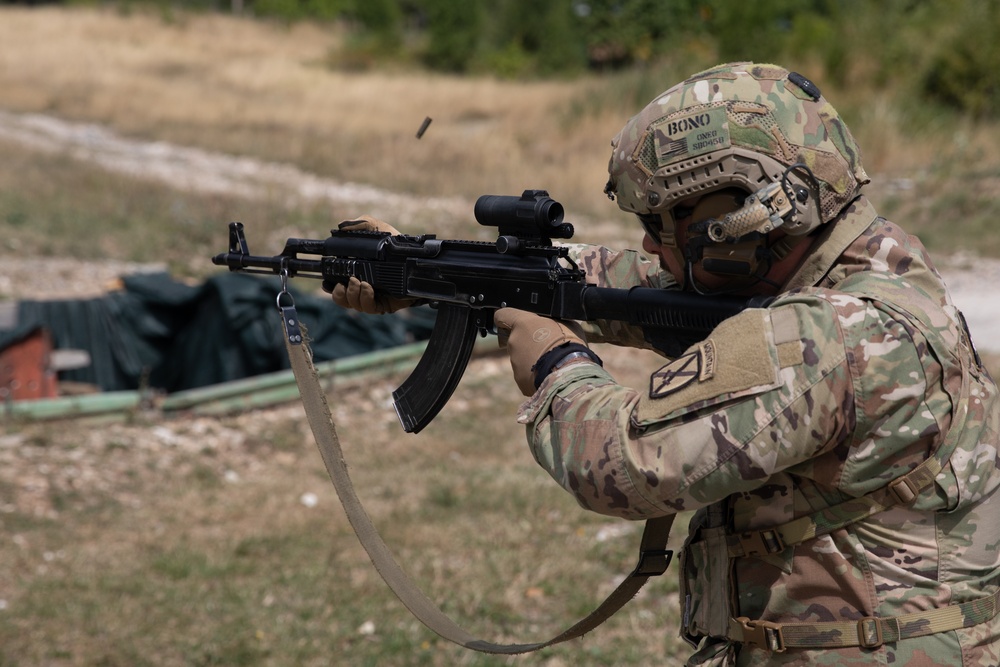 Soldiers from 10th Mountain Division and Bulgarian Land Forces 101st Alpine Regiment participate in the Rhodope 23 live fire event on Sep. 15, 2023, near Smolyan, Bulgaria