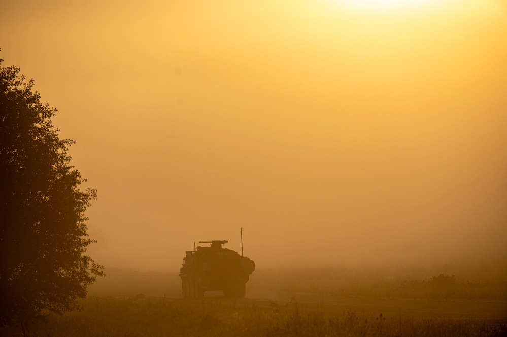 Soldiers stand watch at sunrise during Saber Junction 23