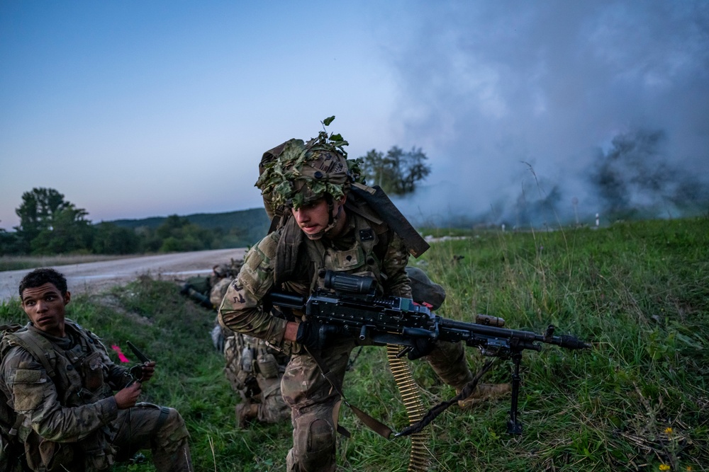 U.S. Army Soldiers engage in a gunfire battle at Saber Junction 23