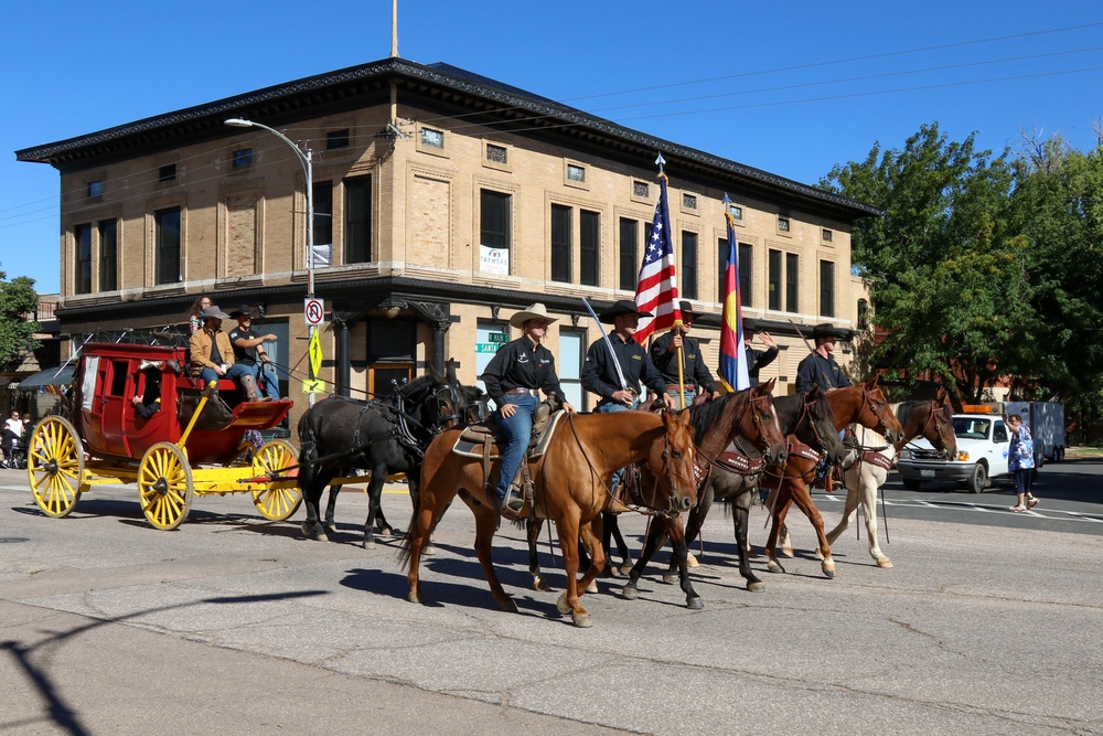 Fort Carson Mounted Color Guard and 4th Infantry Division Band March in Florence Pioneer Days Parade