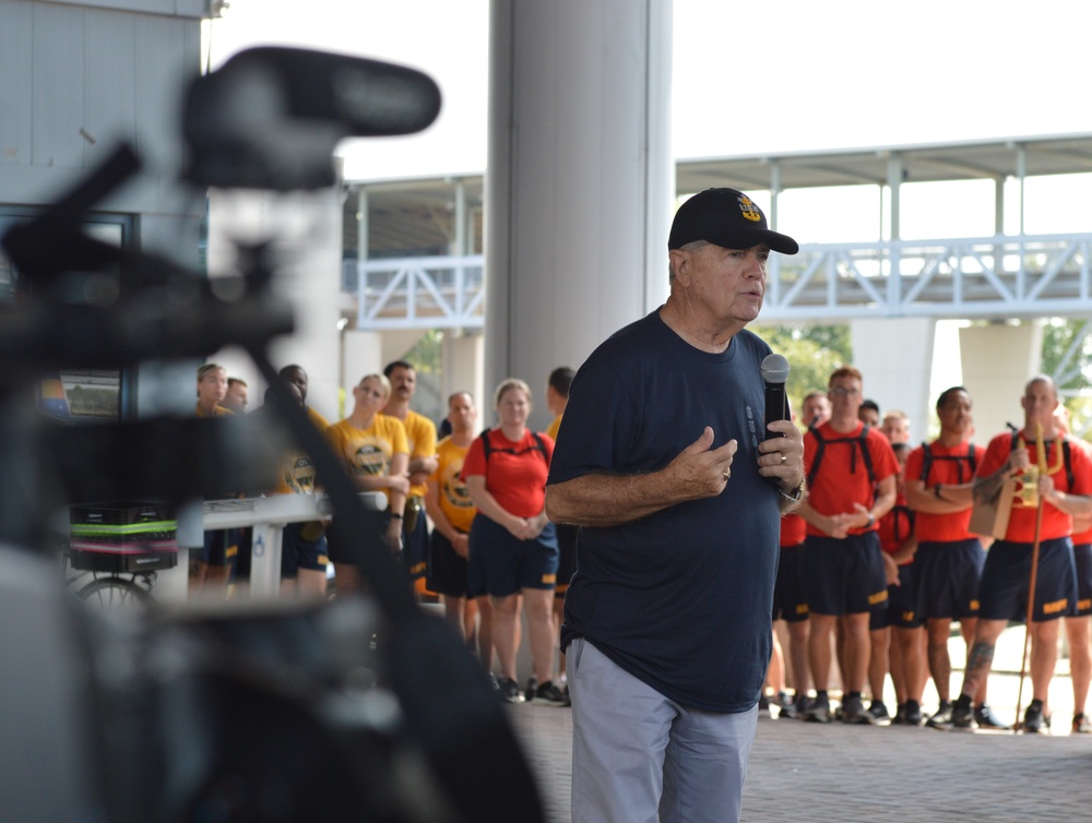 MCPON Jim Herdt, 9th Master Chief Petty Officer of the Navy speaks to CPO selectees at annual CPO Heritage Days training event at the Hampton Roads Naval Museum