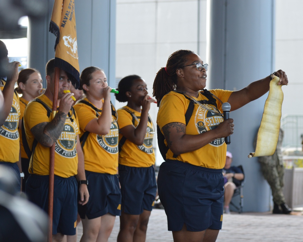 Chief Petty Officer selectees compete in cadence and guidon competition during annual CPO Heritage Days training event at the Hampton Roads Naval Museum