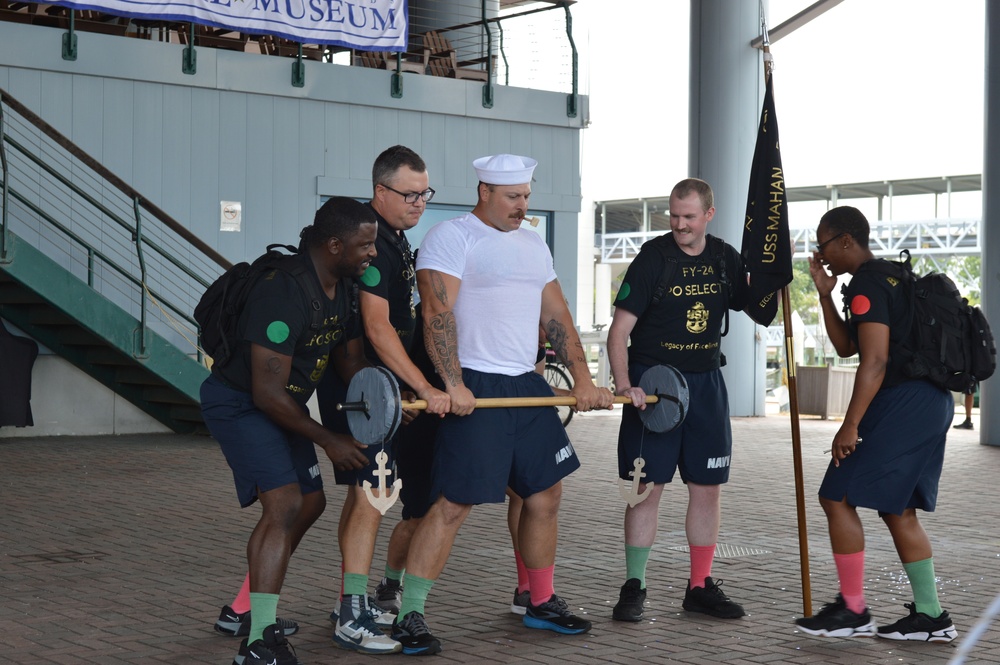 Chief Petty Officer selectees compete in cadence and guidon competition during annual CPO Heritage Days training event at the Hampton Roads Naval Museum