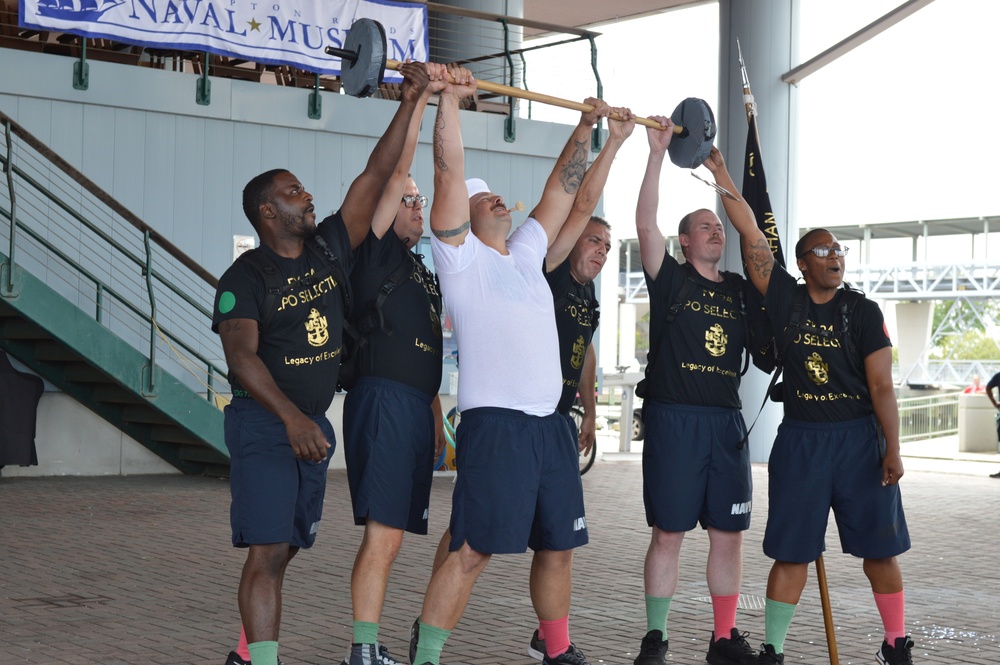 Chief Petty Officer selectees compete in cadence and guidon competition during annual CPO Heritage Days training event at the Hampton Roads Naval Museum