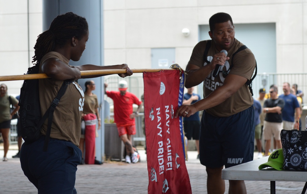 Chief Petty Officer selectees compete in cadence and guidon competition during annual CPO Heritage Days training event at the Hampton Roads Naval Museum