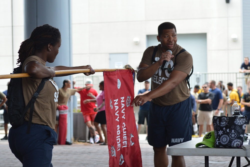 Chief Petty Officer selectees compete in cadence and guidon competition during annual CPO Heritage Days training event at the Hampton Roads Naval Museum