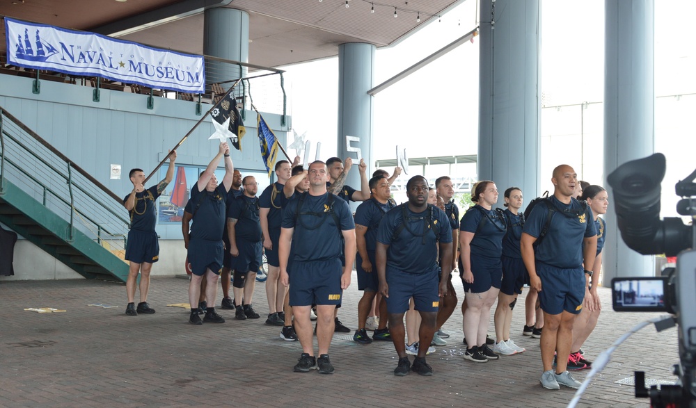 Chief Petty Officer selectees compete in cadence and guidon competition during annual CPO Heritage Days training event at the Hampton Roads Naval Museum