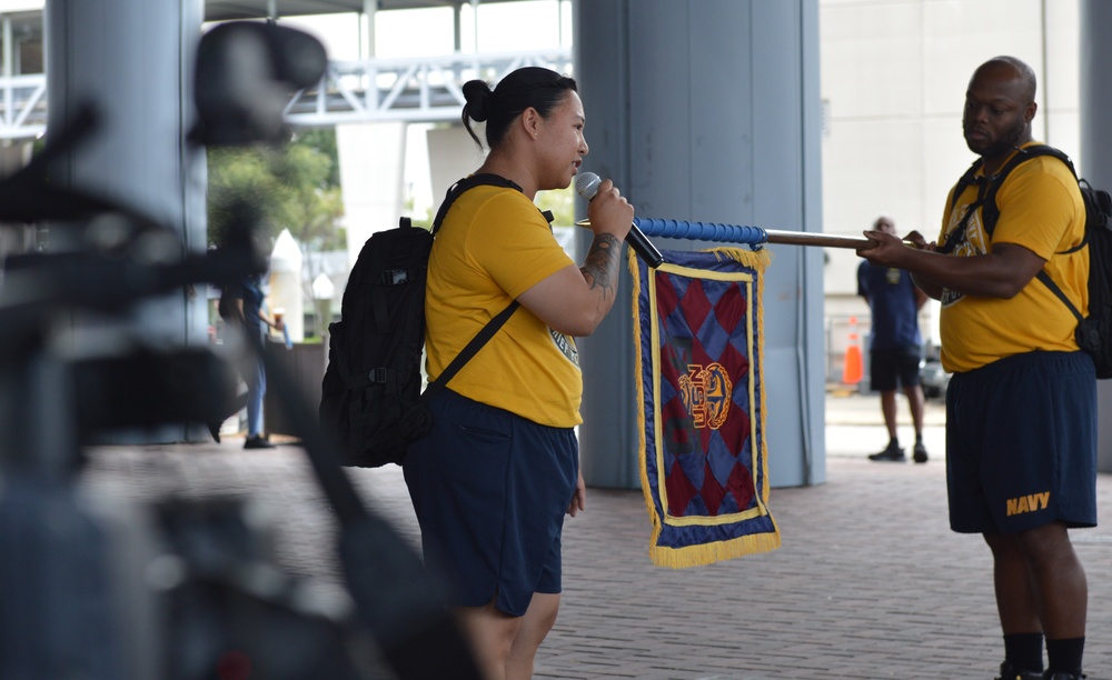 Chief Petty Officer selectees compete in cadence and guidon competition during annual CPO Heritage Days training event at the Hampton Roads Naval Museum