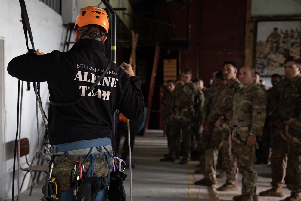 Soldiers from 10th Mountain Division and Bulgarian Land Forces 101st Alpine Regiment participate in the Rhodope 23 climbing techniques and fundamentals on Sep. 16, 2023, near Smolyan, Bulgaria