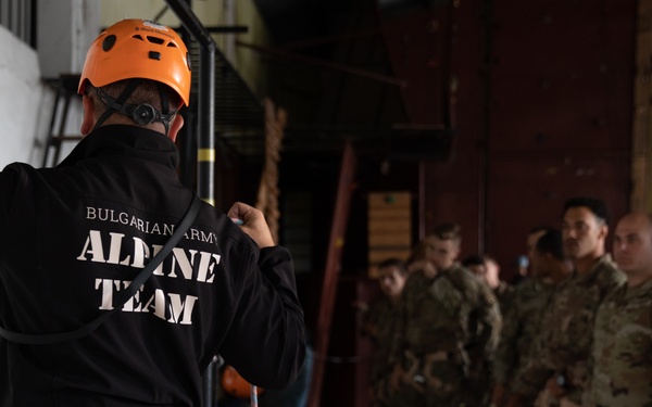 Soldiers from 10th Mountain Division and Bulgarian Land Forces 101st Alpine Regiment participate in the Rhodope 23 climbing techniques and fundamentals on Sep. 16, 2023, near Smolyan, Bulgaria